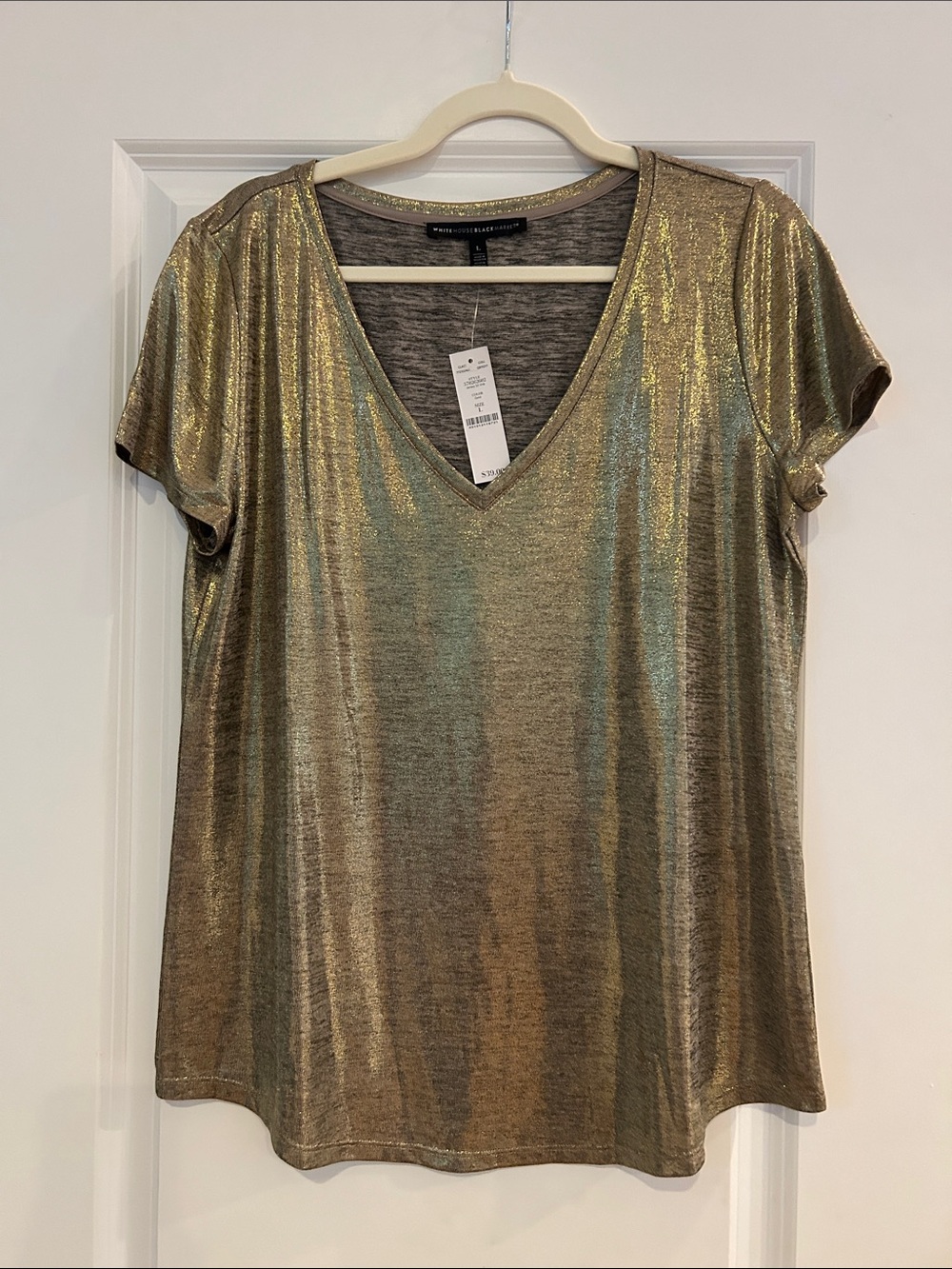 White House Black Market Metallic Gold V-Neck Short Sleeve Top NWT